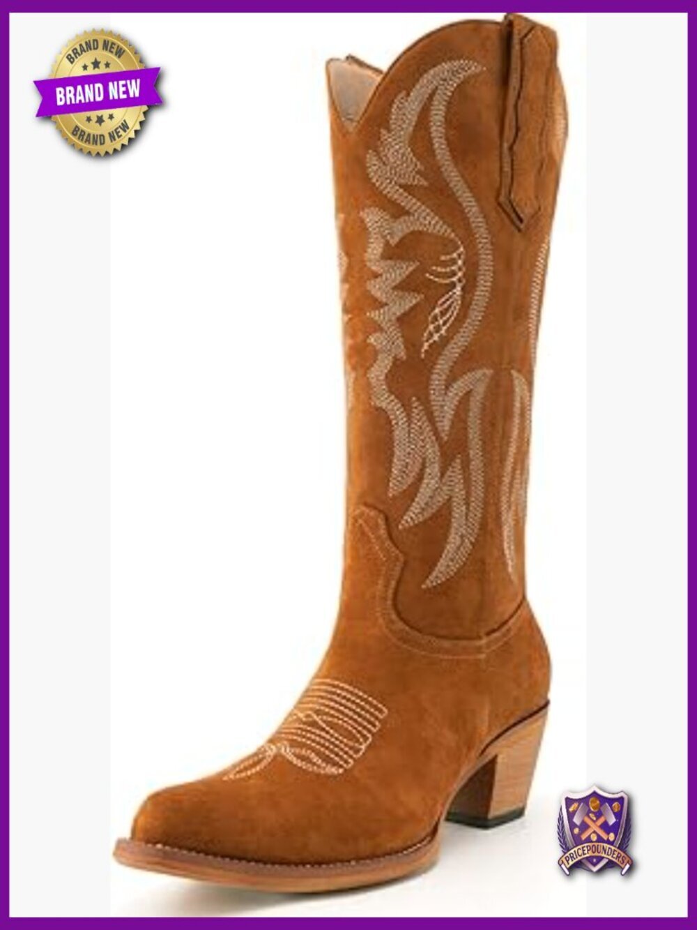 Western Cowboy Boots Mid Calf Suede Pull On Chunky Heel Embroidered
